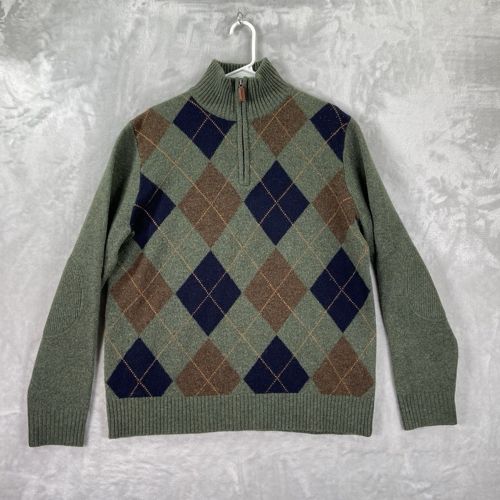 J. CREW Sweater Mens Large Lambswool 1/4 Zip Pullover Argyle Pattern Knit Casual